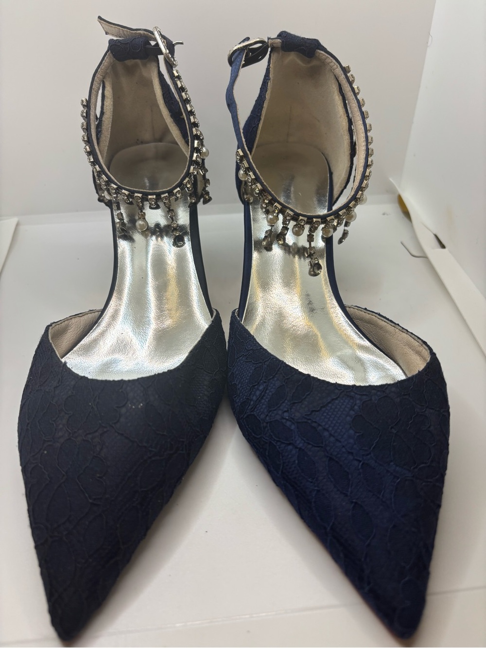 Women's Navy Lace Pointed Toe Ankle Strap Heels with Decorative Chain